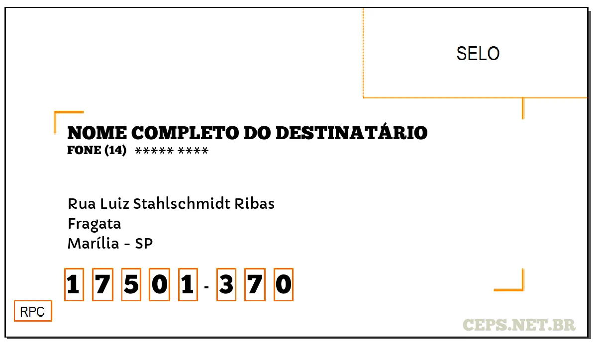 CEP MARÍLIA - SP, DDD 14, CEP 17501370, RUA LUIZ STAHLSCHMIDT RIBAS, BAIRRO FRAGATA.