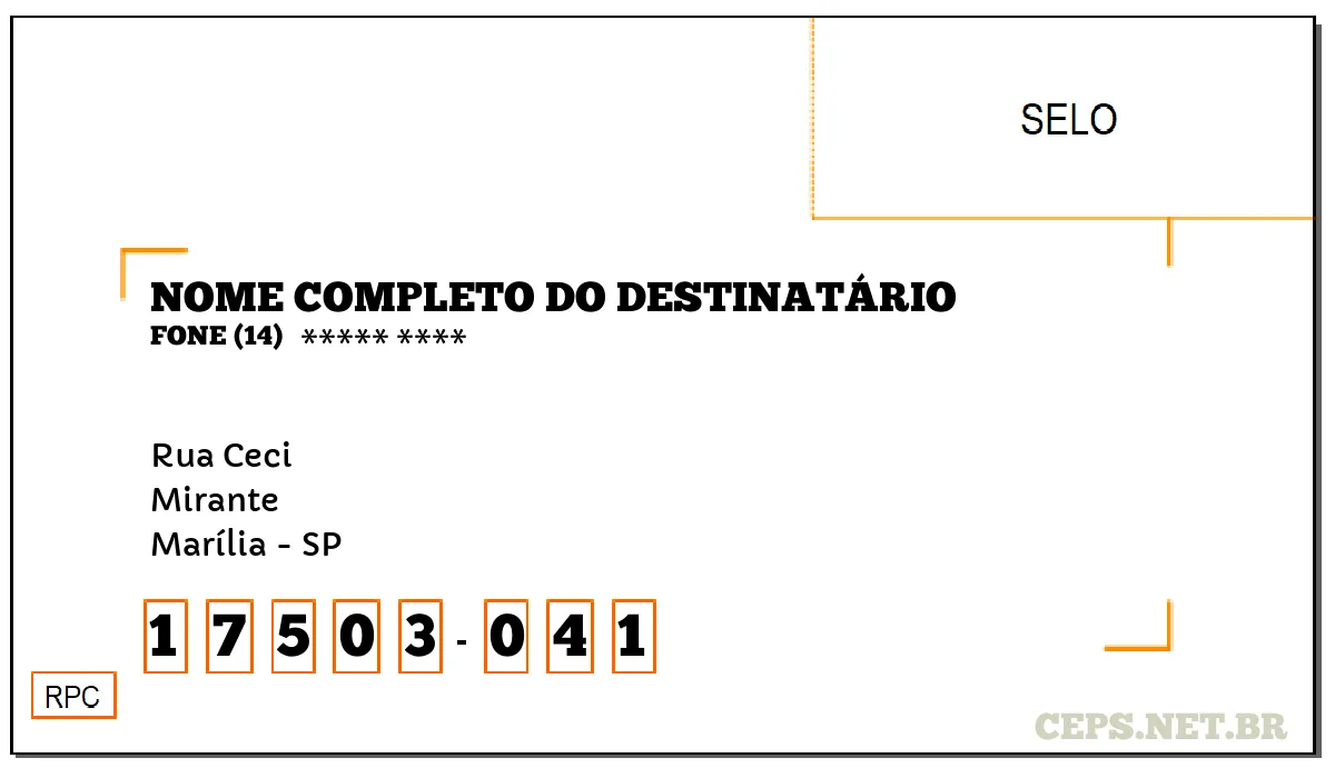 CEP MARÍLIA - SP, DDD 14, CEP 17503041, RUA CECI, BAIRRO MIRANTE.