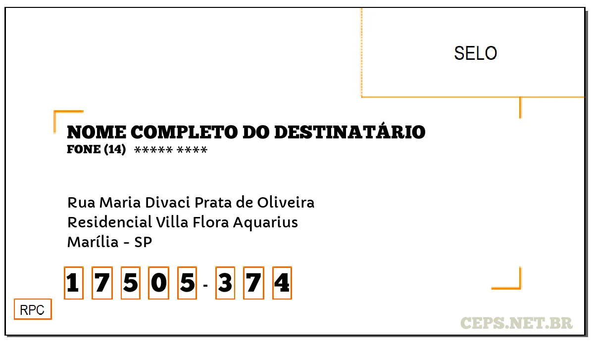 CEP MARÍLIA - SP, DDD 14, CEP 17505374, RUA MARIA DIVACI PRATA DE OLIVEIRA, BAIRRO RESIDENCIAL VILLA FLORA AQUARIUS.