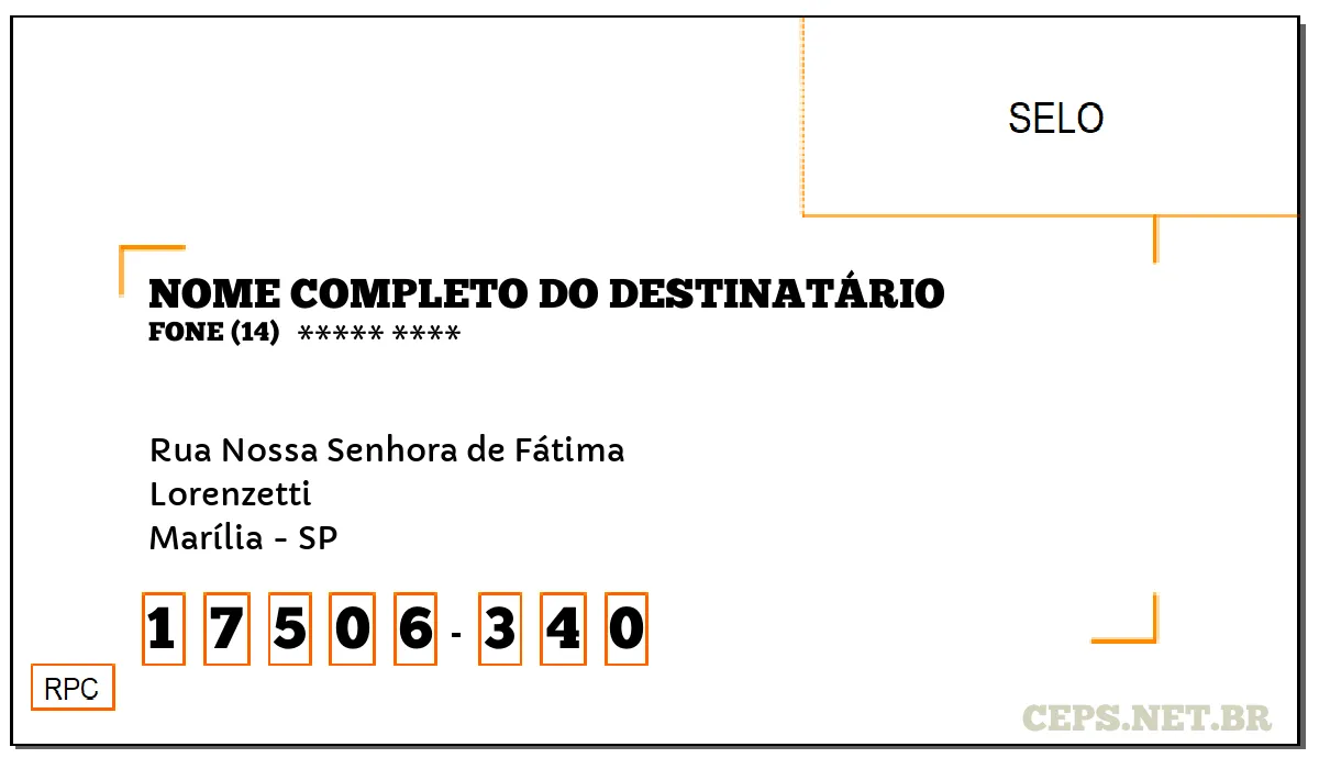 CEP MARÍLIA - SP, DDD 14, CEP 17506340, RUA NOSSA SENHORA DE FÁTIMA, BAIRRO LORENZETTI.