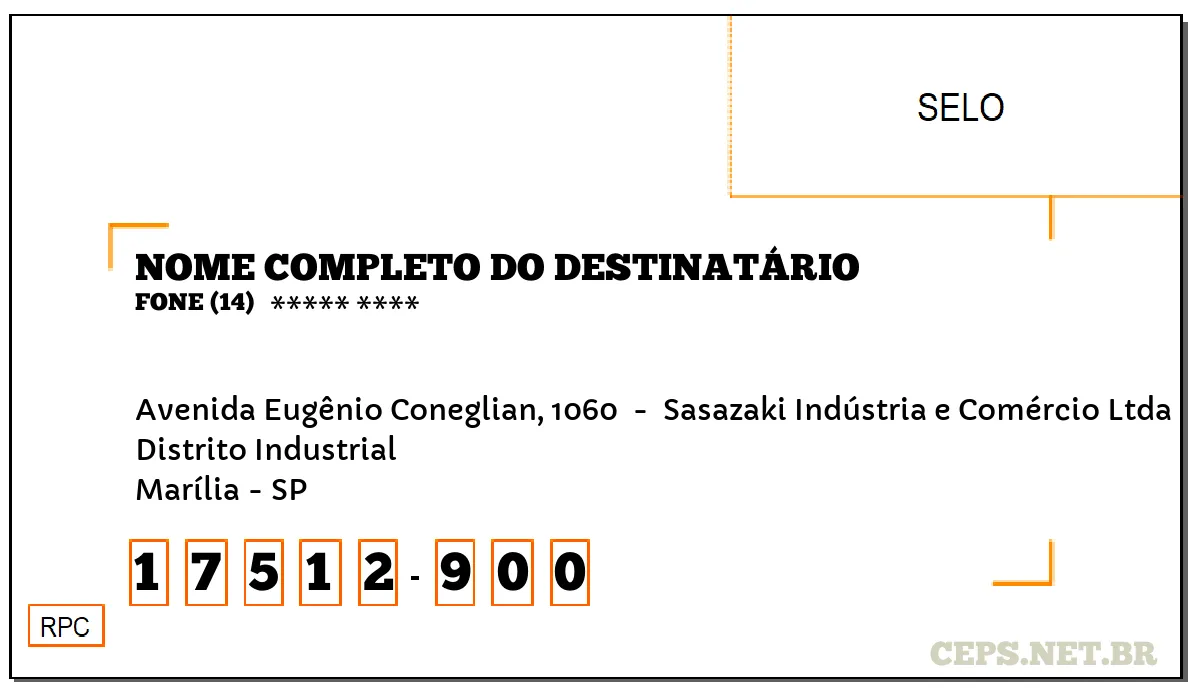 CEP MARÍLIA - SP, DDD 14, CEP 17512900, AVENIDA EUGÊNIO CONEGLIAN, 1060 , BAIRRO DISTRITO INDUSTRIAL.