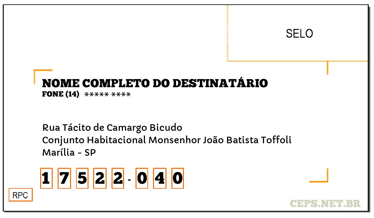 CEP MARÍLIA - SP, DDD 14, CEP 17522040, RUA TÁCITO DE CAMARGO BICUDO, BAIRRO CONJUNTO HABITACIONAL MONSENHOR JOÃO BATISTA TOFFOLI.