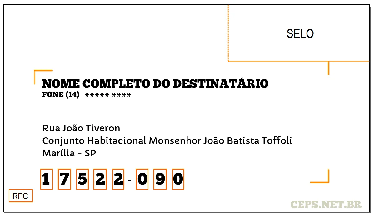 CEP MARÍLIA - SP, DDD 14, CEP 17522090, RUA JOÃO TIVERON, BAIRRO CONJUNTO HABITACIONAL MONSENHOR JOÃO BATISTA TOFFOLI.