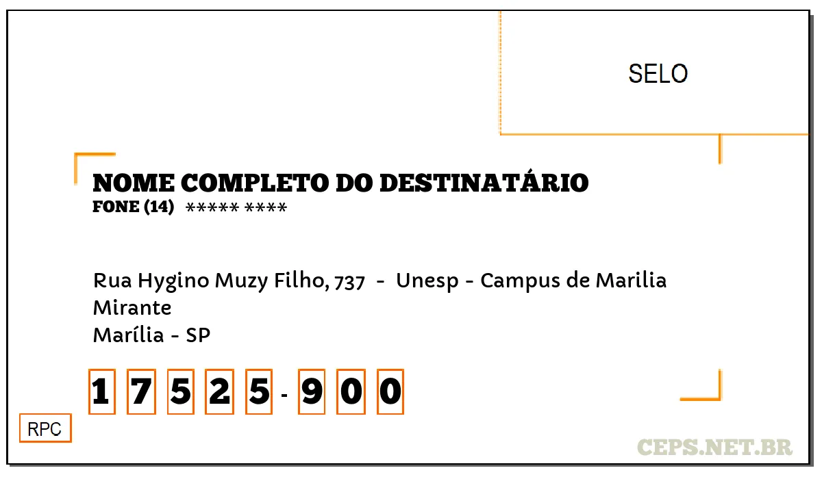 CEP MARÍLIA - SP, DDD 14, CEP 17525900, RUA HYGINO MUZY FILHO, 737 , BAIRRO MIRANTE.