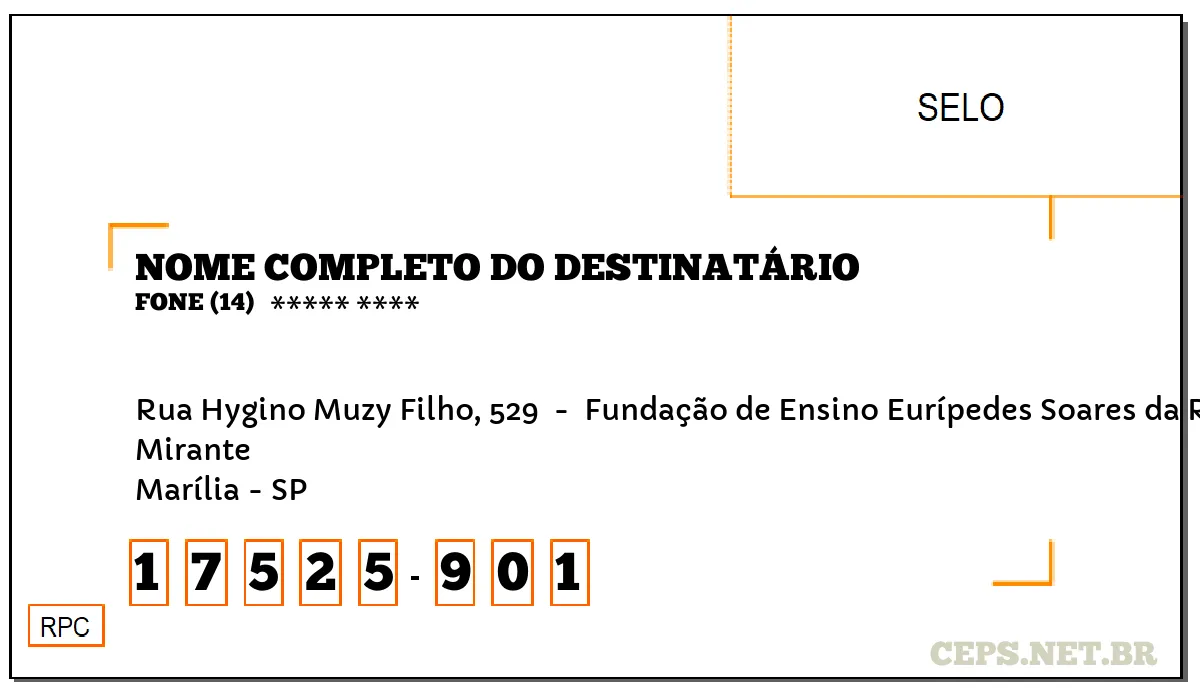 CEP MARÍLIA - SP, DDD 14, CEP 17525901, RUA HYGINO MUZY FILHO, 529 , BAIRRO MIRANTE.