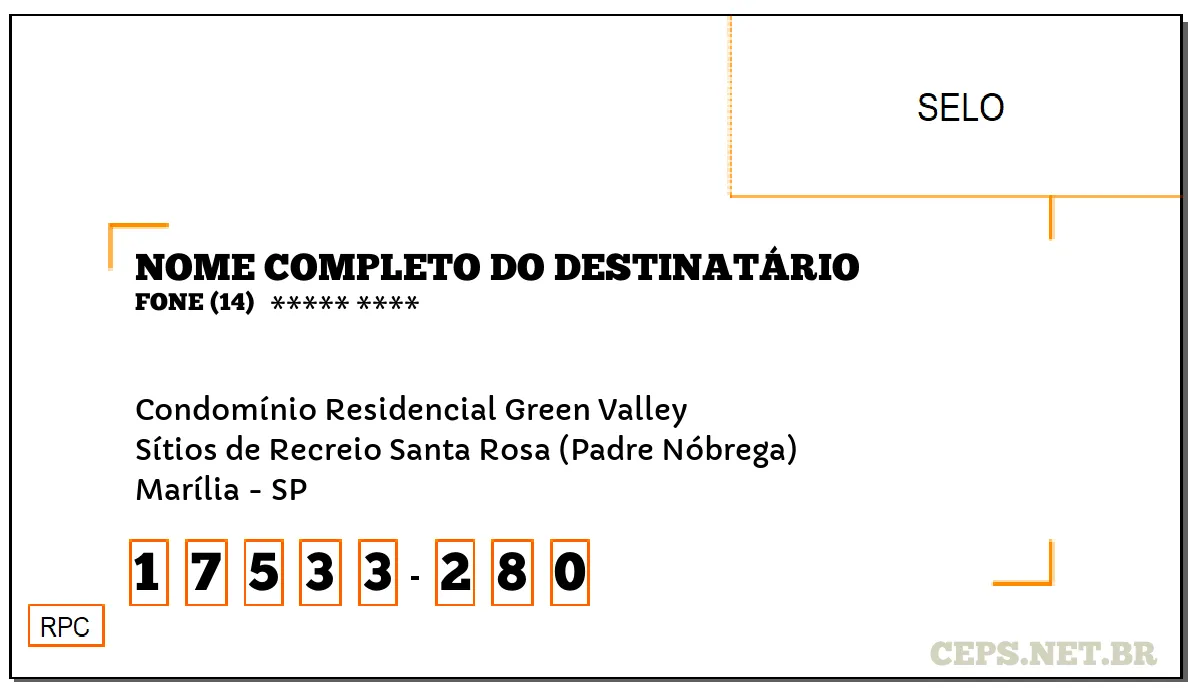 CEP MARÍLIA - SP, DDD 14, CEP 17533280, CONDOMÍNIO RESIDENCIAL GREEN VALLEY, BAIRRO SÍTIOS DE RECREIO SANTA ROSA (PADRE NÓBREGA).