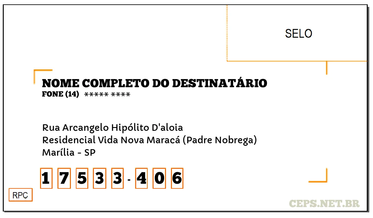 CEP MARÍLIA - SP, DDD 14, CEP 17533406, RUA ARCANGELO HIPÓLITO D'ALOIA, BAIRRO RESIDENCIAL VIDA NOVA MARACÁ (PADRE NOBREGA).