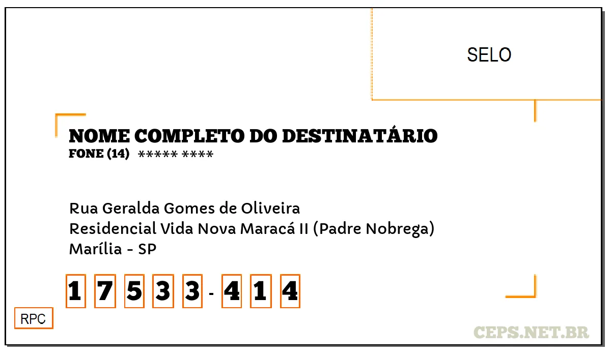 CEP MARÍLIA - SP, DDD 14, CEP 17533414, RUA GERALDA GOMES DE OLIVEIRA, BAIRRO RESIDENCIAL VIDA NOVA MARACÁ II (PADRE NOBREGA).