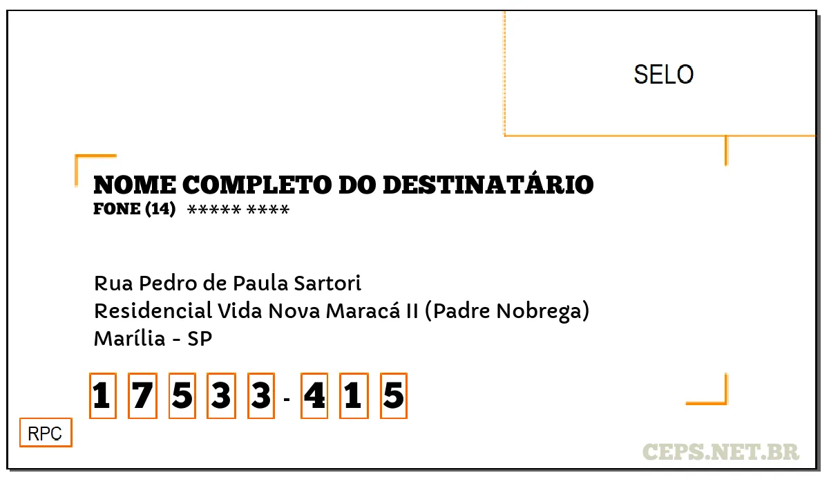 CEP MARÍLIA - SP, DDD 14, CEP 17533415, RUA PEDRO DE PAULA SARTORI, BAIRRO RESIDENCIAL VIDA NOVA MARACÁ II (PADRE NOBREGA).