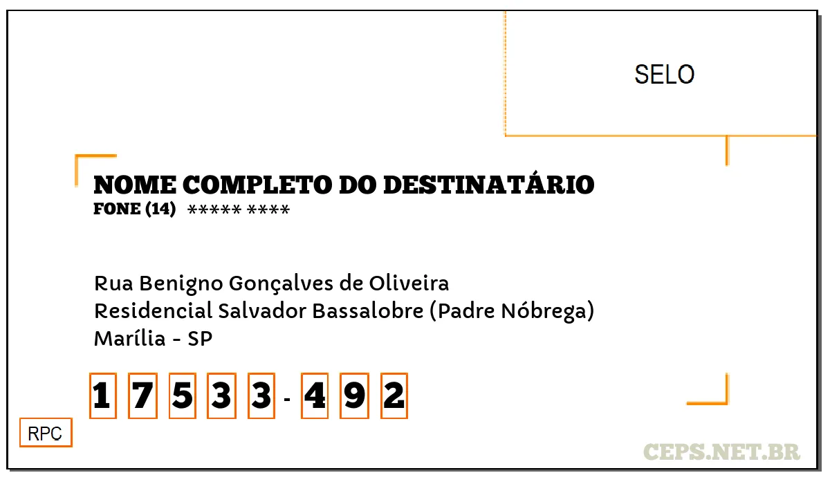 CEP MARÍLIA - SP, DDD 14, CEP 17533492, RUA BENIGNO GONÇALVES DE OLIVEIRA, BAIRRO RESIDENCIAL SALVADOR BASSALOBRE (PADRE NÓBREGA).