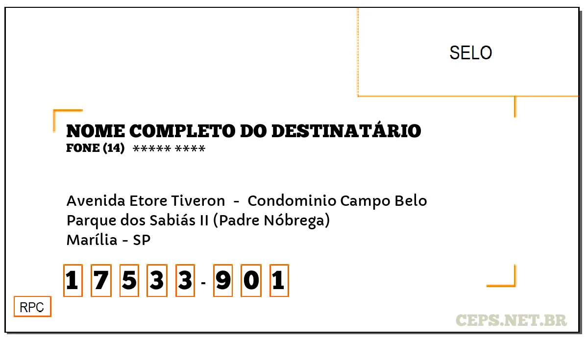 CEP MARÍLIA - SP, DDD 14, CEP 17533901, AVENIDA ETORE TIVERON , BAIRRO PARQUE DOS SABIÁS II (PADRE NÓBREGA).