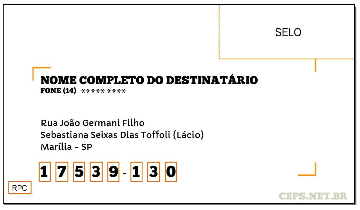 CEP MARÍLIA - SP, DDD 14, CEP 17539130, RUA JOÃO GERMANI FILHO, BAIRRO SEBASTIANA SEIXAS DIAS TOFFOLI (LÁCIO).