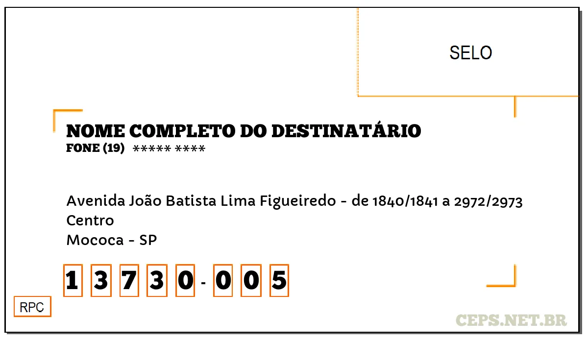 CEP MOCOCA - SP, DDD 19, CEP 13730005, AVENIDA JOÃO BATISTA LIMA FIGUEIREDO - DE 1840/1841 A 2972/2973, BAIRRO CENTRO.