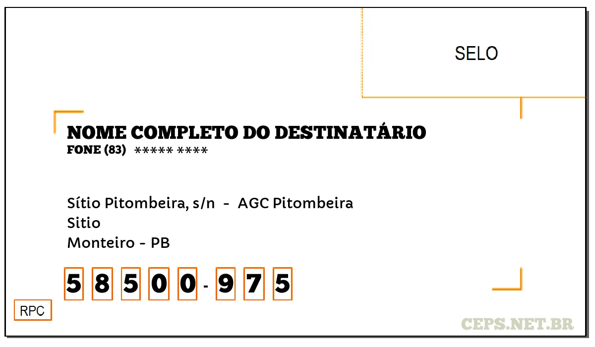 CEP MONTEIRO - PB, DDD 83, CEP 58500975, SÍTIO PITOMBEIRA, S/N , BAIRRO SITIO.