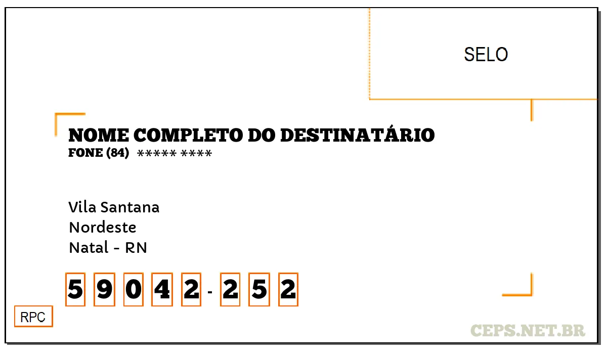 CEP NATAL - RN, DDD 84, CEP 59042252, VILA SANTANA, BAIRRO NORDESTE.