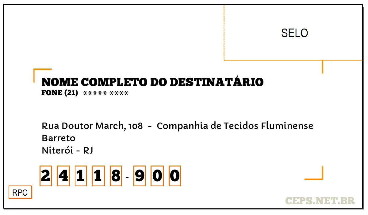 CEP NITERÓI - RJ, DDD 21, CEP 24118900, RUA DOUTOR MARCH, 108 , BAIRRO BARRETO.