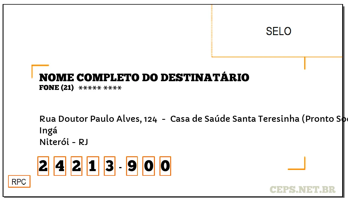 CEP NITERÓI - RJ, DDD 21, CEP 24213900, RUA DOUTOR PAULO ALVES, 124 , BAIRRO INGÁ.