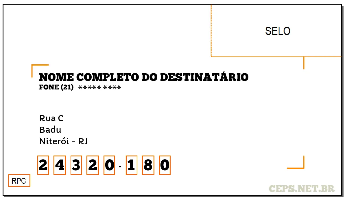 CEP NITERÓI - RJ, DDD 21, CEP 24320180, RUA C, BAIRRO BADU.