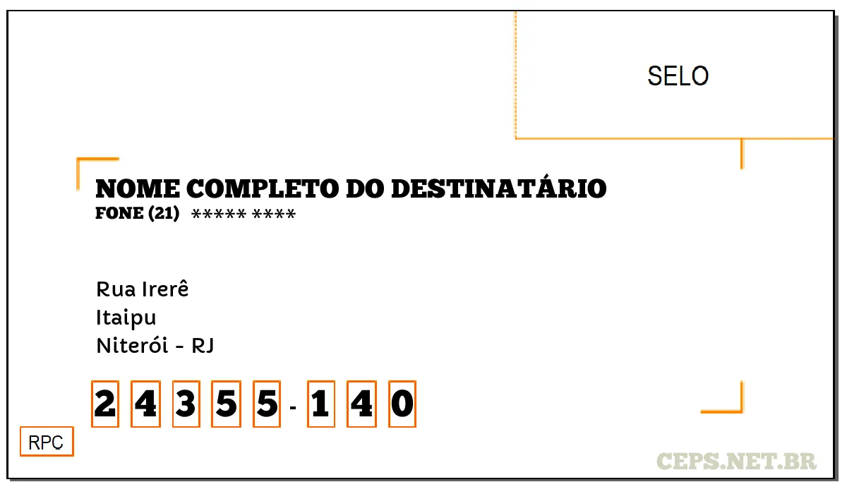 CEP NITERÓI - RJ, DDD 21, CEP 24355140, RUA IRERÊ, BAIRRO ITAIPU.