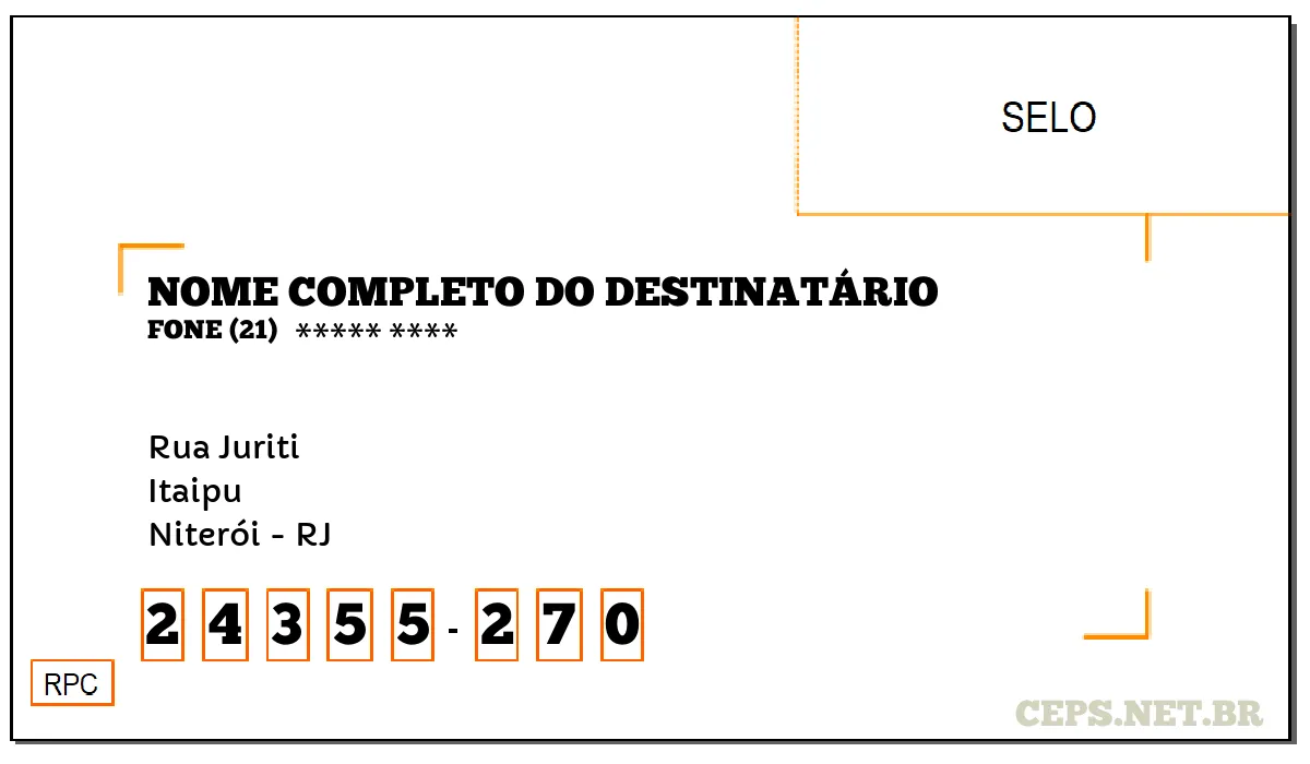 CEP NITERÓI - RJ, DDD 21, CEP 24355270, RUA JURITI, BAIRRO ITAIPU.