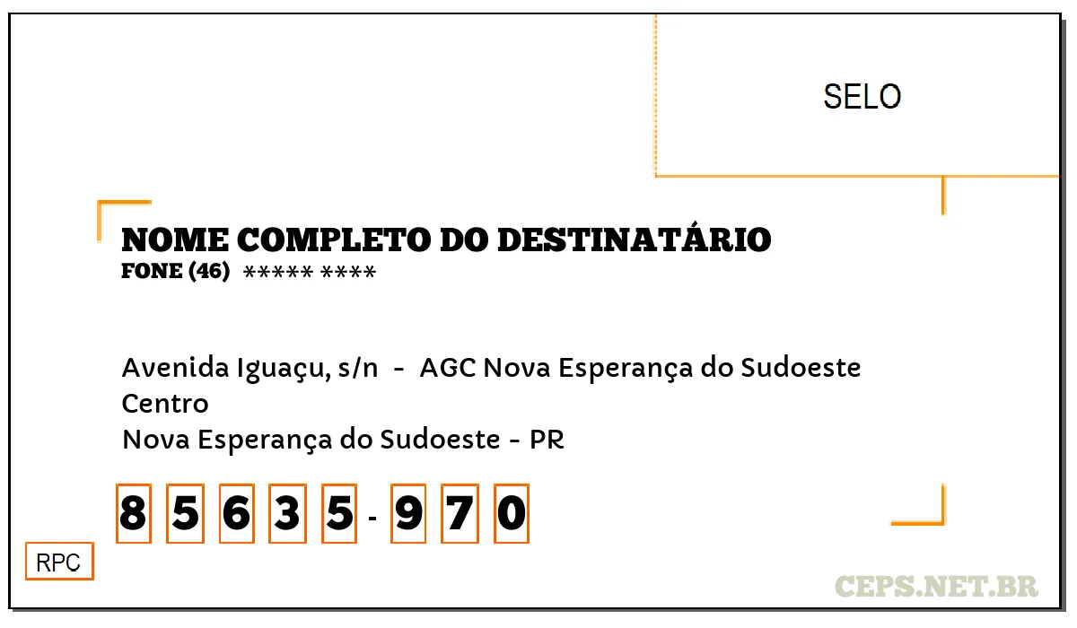 CEP NOVA ESPERANÇA DO SUDOESTE - PR, DDD 46, CEP 85635970, AVENIDA IGUAÇU, S/N , BAIRRO CENTRO.