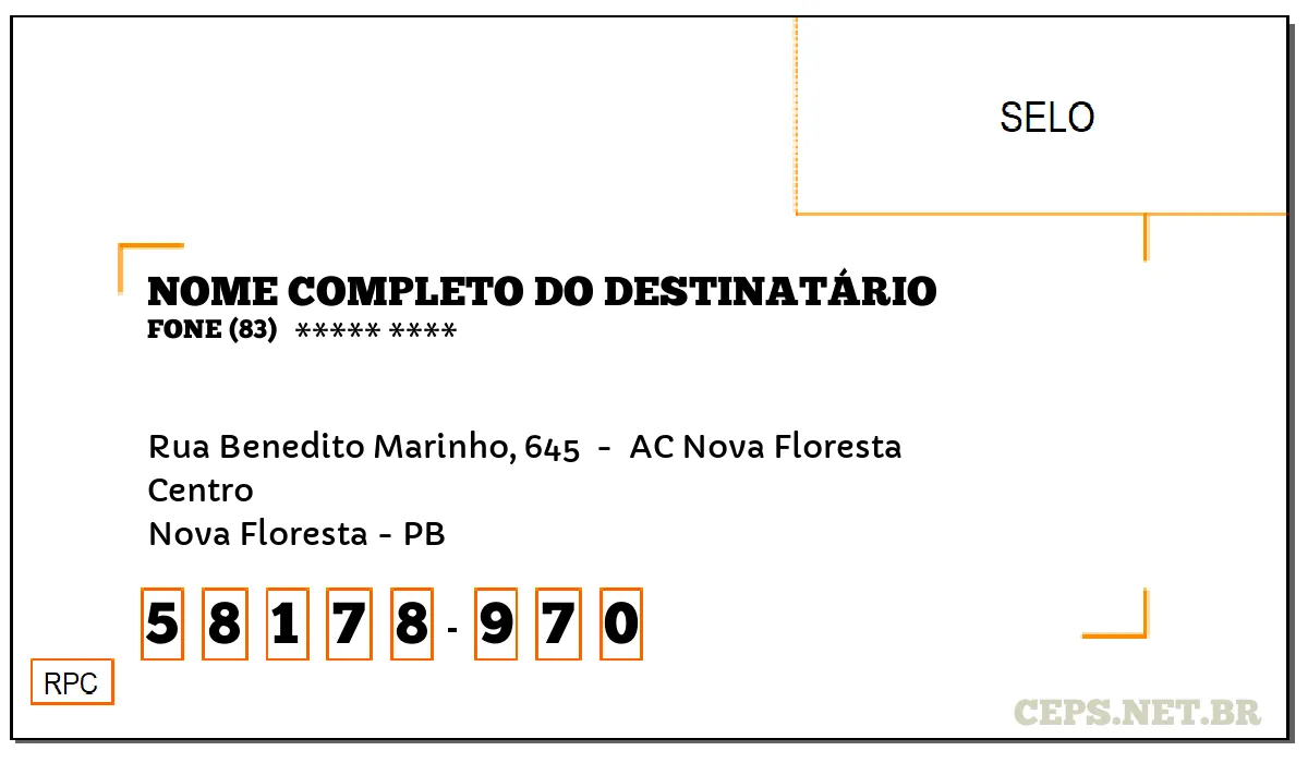 CEP NOVA FLORESTA - PB, DDD 83, CEP 58178970, RUA BENEDITO MARINHO, 645 , BAIRRO CENTRO.