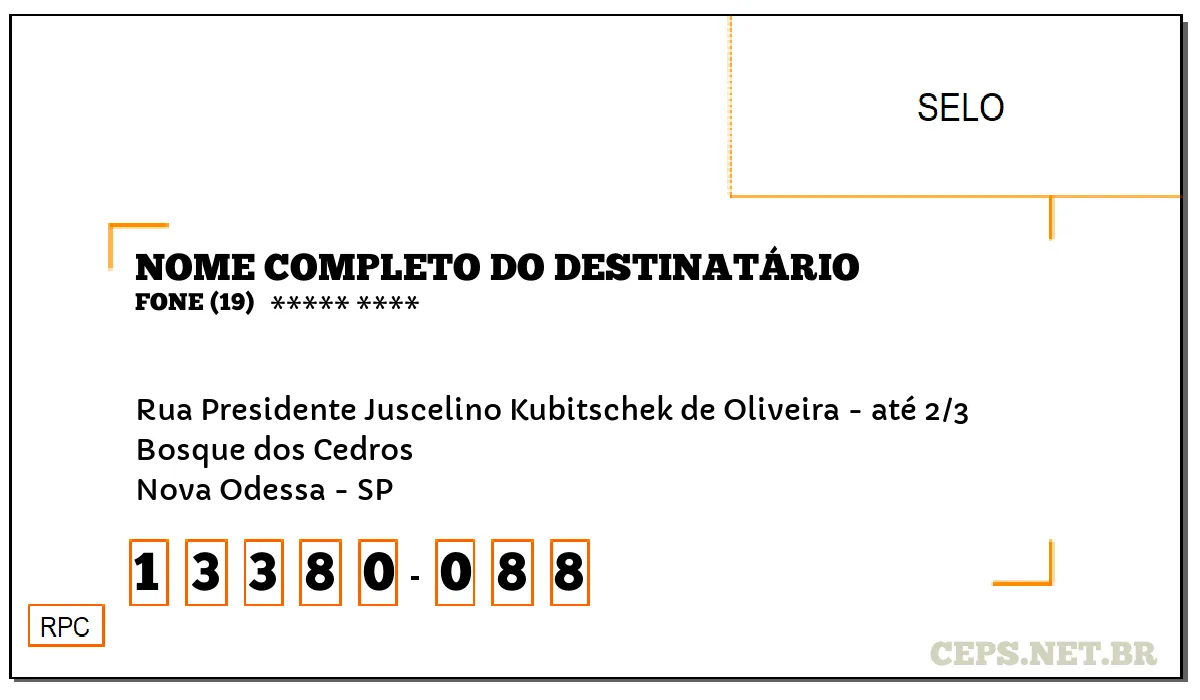 CEP NOVA ODESSA - SP, DDD 19, CEP 13380088, RUA PRESIDENTE JUSCELINO KUBITSCHEK DE OLIVEIRA - ATÉ 2/3, BAIRRO BOSQUE DOS CEDROS.