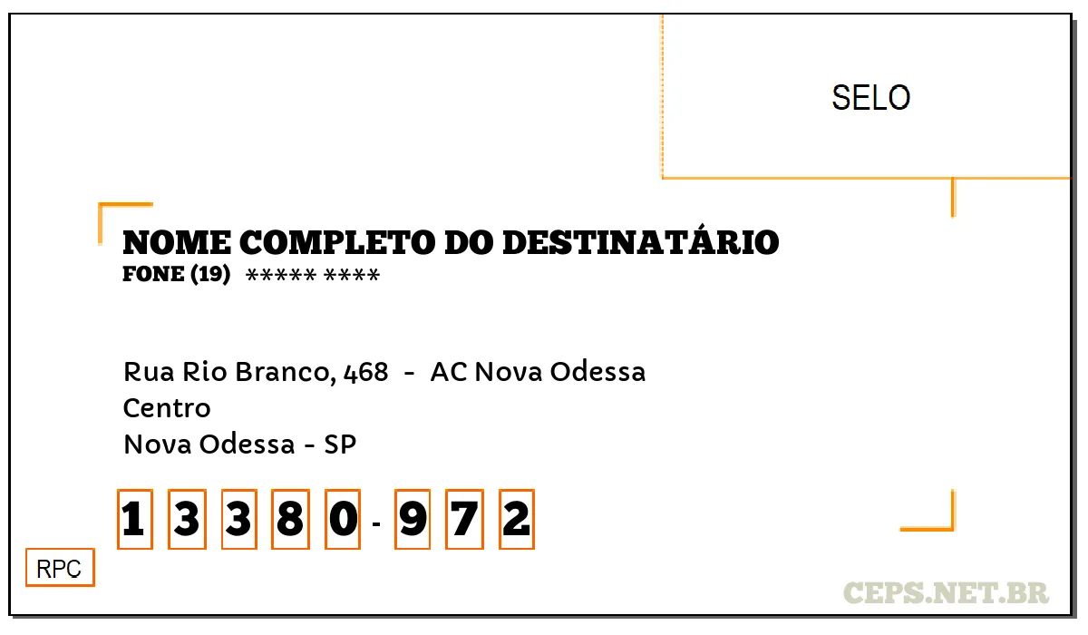 CEP NOVA ODESSA - SP, DDD 19, CEP 13380972, RUA RIO BRANCO, 468 , BAIRRO CENTRO.