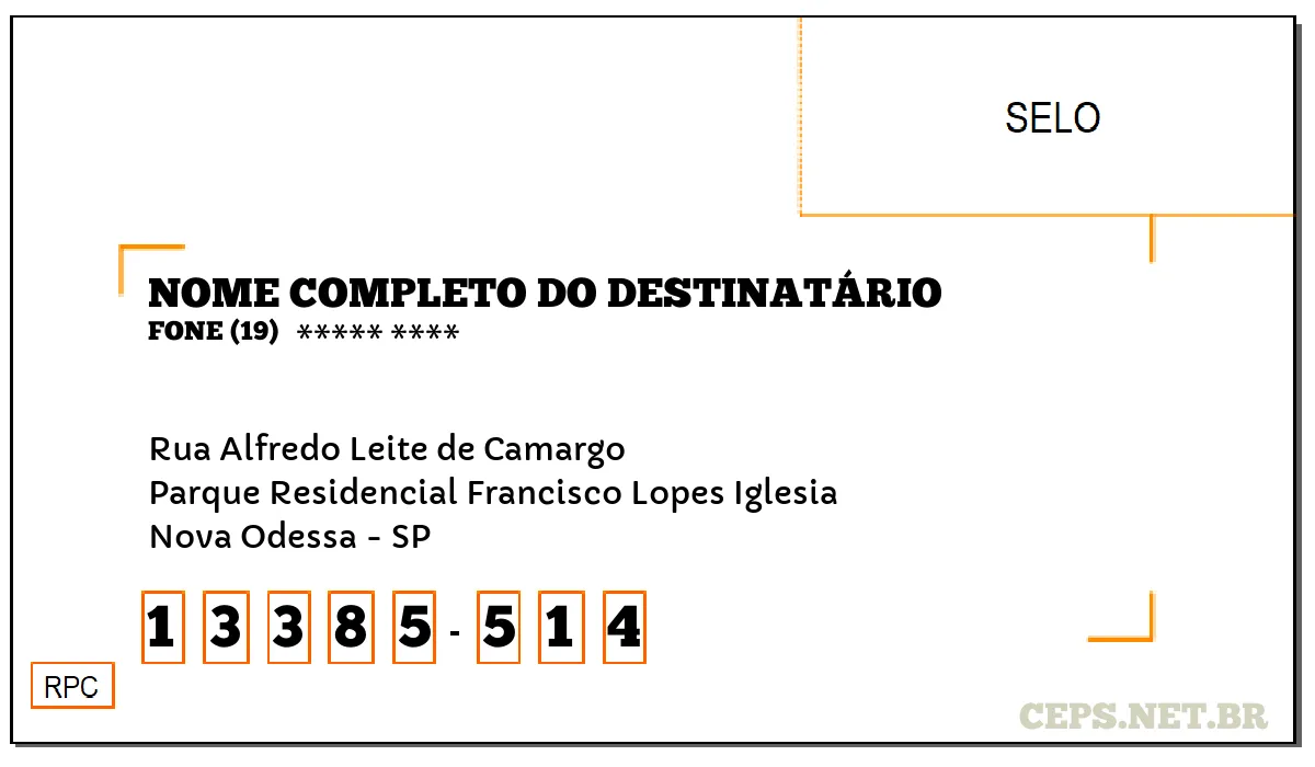 CEP NOVA ODESSA - SP, DDD 19, CEP 13385514, RUA ALFREDO LEITE DE CAMARGO, BAIRRO PARQUE RESIDENCIAL FRANCISCO LOPES IGLESIA.