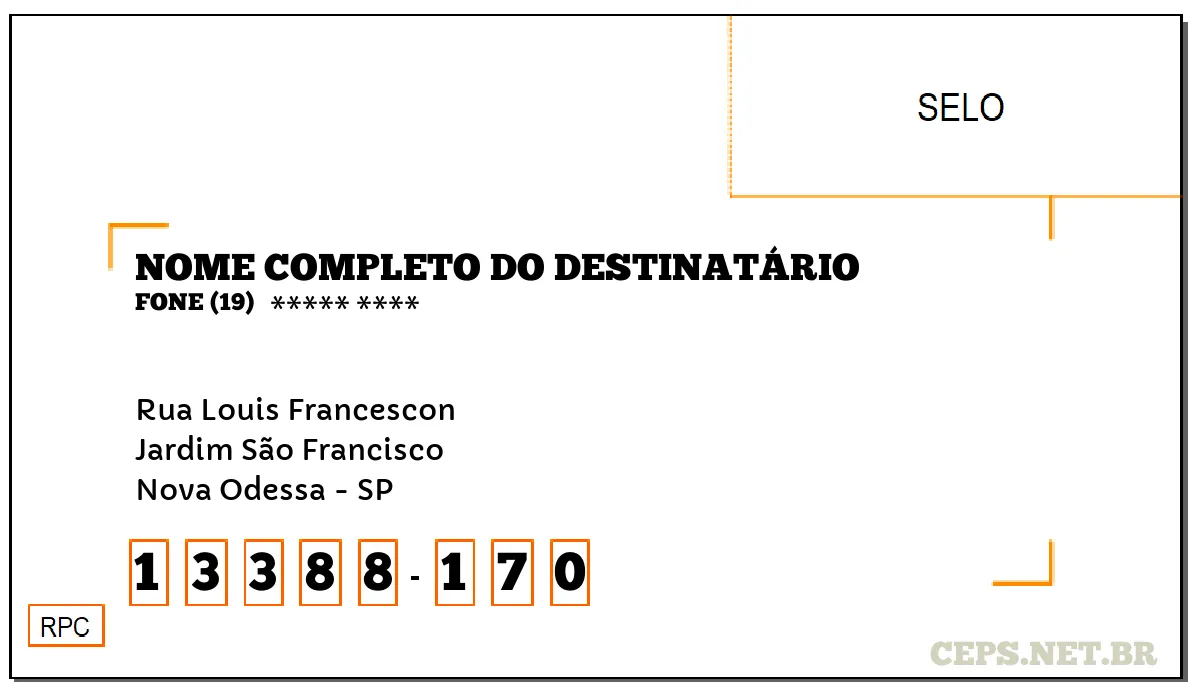 CEP NOVA ODESSA - SP, DDD 19, CEP 13388170, RUA LOUIS FRANCESCON, BAIRRO JARDIM SÃO FRANCISCO.