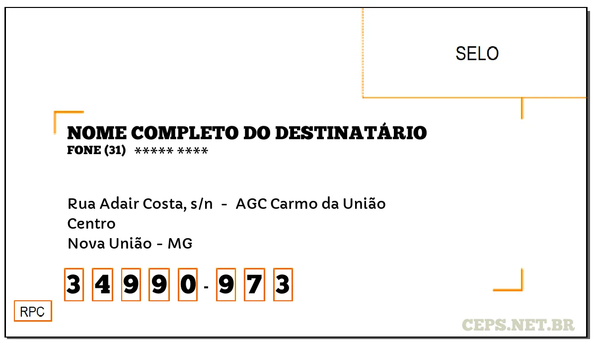 CEP NOVA UNIÃO - MG, DDD 31, CEP 34990973, RUA ADAIR COSTA, S/N , BAIRRO CENTRO.