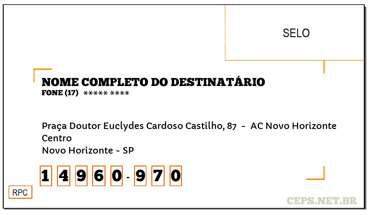 CEP NOVO HORIZONTE - SP, DDD 17, CEP 14960970, PRAÇA DOUTOR EUCLYDES CARDOSO CASTILHO, 87 , BAIRRO CENTRO.