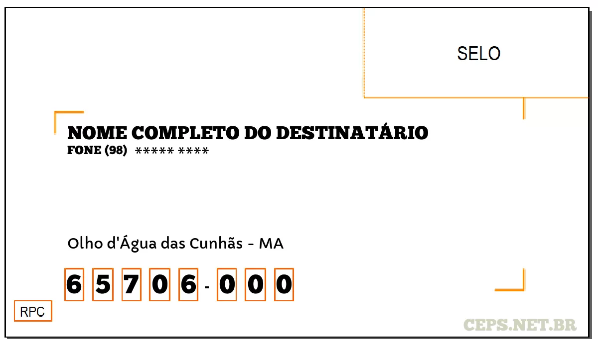 CEP OLHO D'ÁGUA DAS CUNHÃS - MA, DDD 98, CEP 65706000, , BAIRRO .