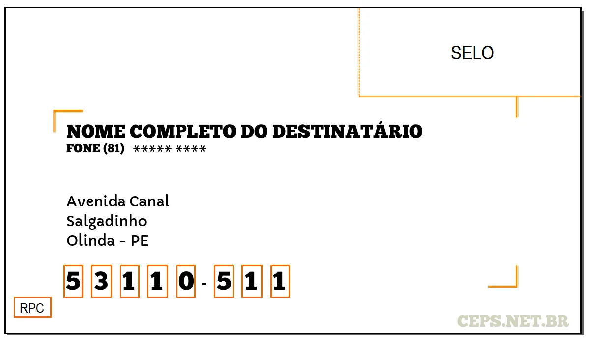 CEP OLINDA - PE, DDD 81, CEP 53110511, AVENIDA CANAL, BAIRRO SALGADINHO.