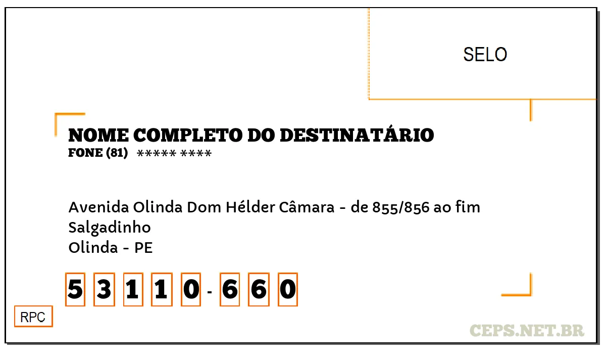 CEP OLINDA - PE, DDD 81, CEP 53110660, AVENIDA OLINDA DOM HÉLDER CÂMARA - DE 855/856 AO FIM, BAIRRO SALGADINHO.