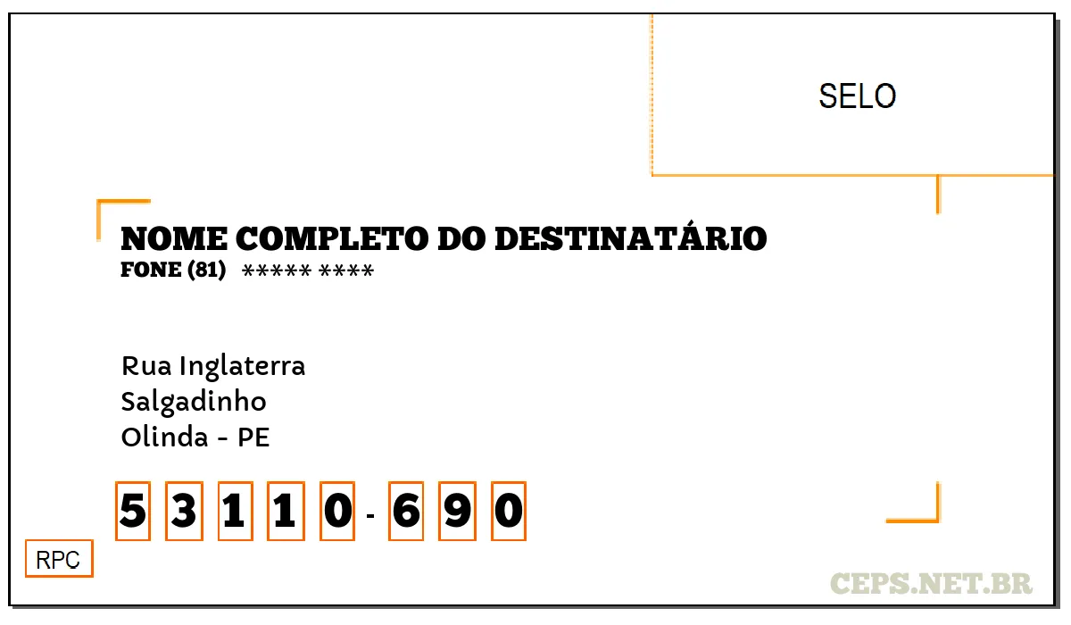 CEP OLINDA - PE, DDD 81, CEP 53110690, RUA INGLATERRA, BAIRRO SALGADINHO.