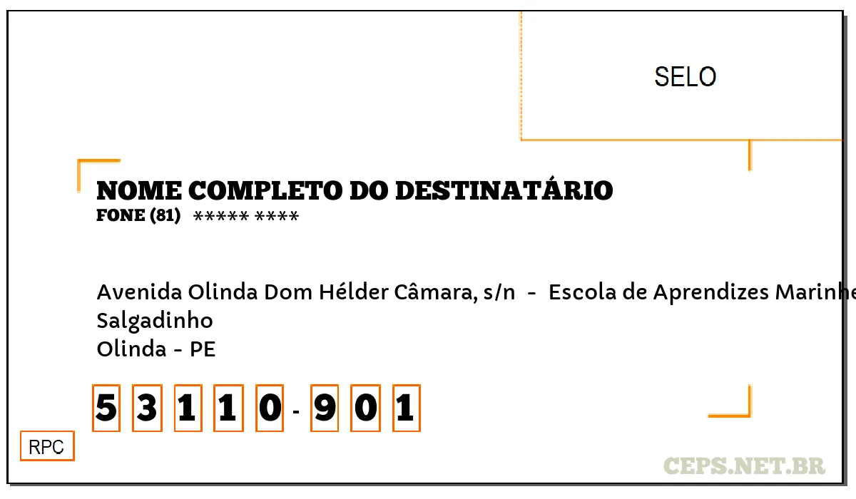 CEP OLINDA - PE, DDD 81, CEP 53110901, AVENIDA OLINDA DOM HÉLDER CÂMARA, S/N , BAIRRO SALGADINHO.