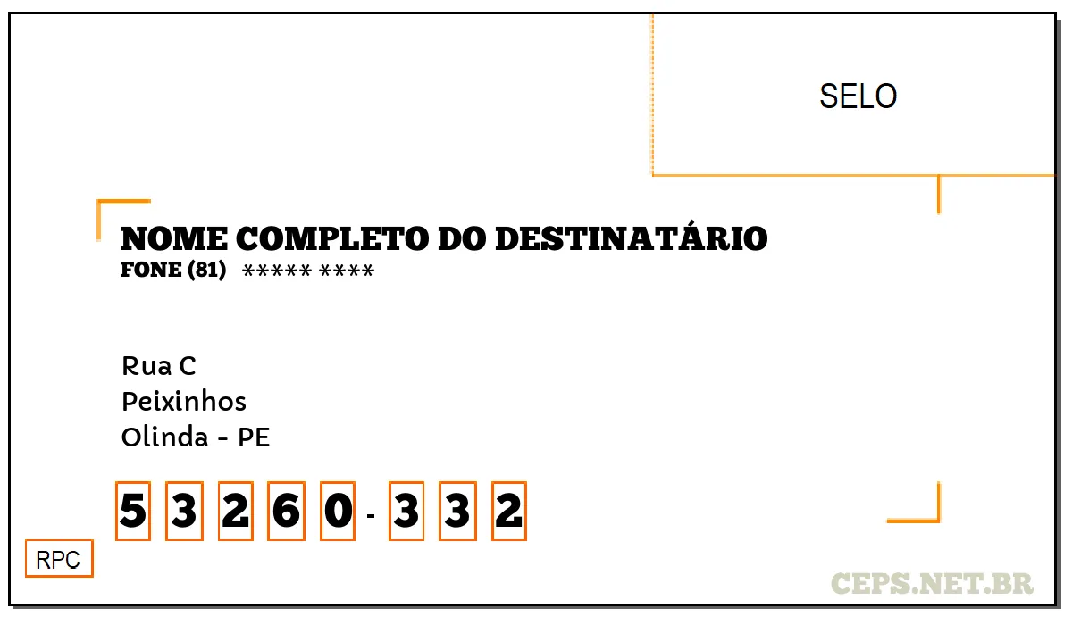 CEP OLINDA - PE, DDD 81, CEP 53260332, RUA C, BAIRRO PEIXINHOS.