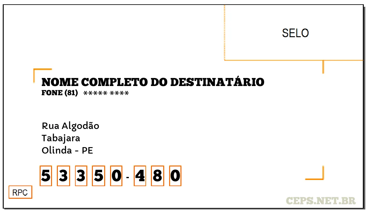 CEP OLINDA - PE, DDD 81, CEP 53350480, RUA ALGODÃO, BAIRRO TABAJARA.