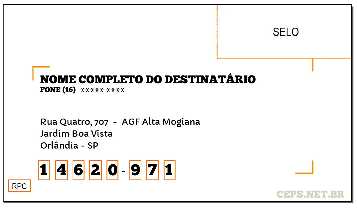 CEP ORLÂNDIA - SP, DDD 16, CEP 14620971, RUA QUATRO, 707 , BAIRRO JARDIM BOA VISTA.