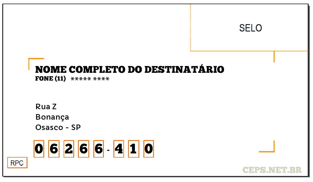 CEP OSASCO - SP, DDD 11, CEP 06266410, RUA Z, BAIRRO BONANÇA.