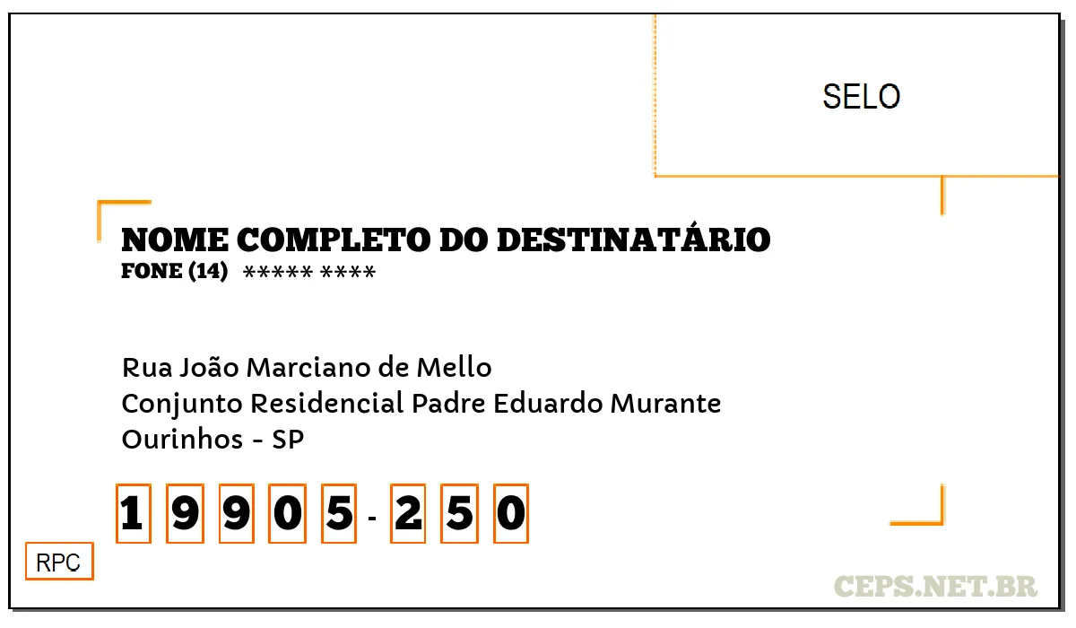 CEP OURINHOS - SP, DDD 14, CEP 19905250, RUA JOÃO MARCIANO DE MELLO, BAIRRO CONJUNTO RESIDENCIAL PADRE EDUARDO MURANTE.