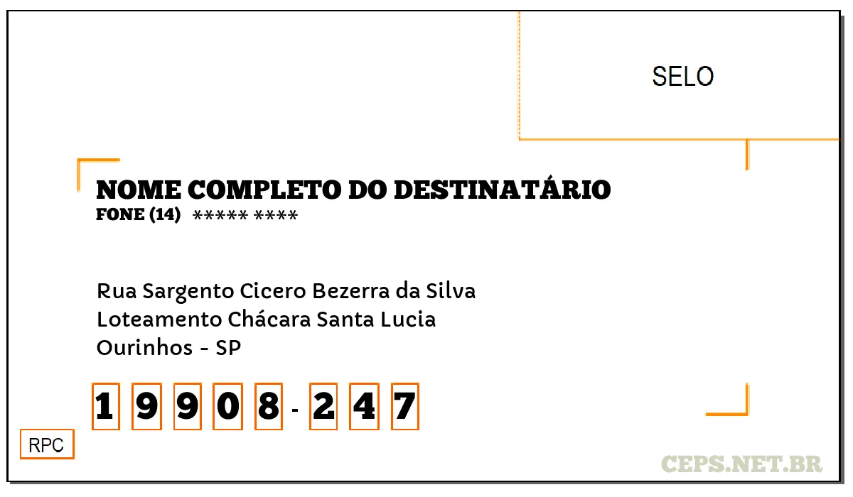 CEP OURINHOS - SP, DDD 14, CEP 19908247, RUA SARGENTO CICERO BEZERRA DA SILVA, BAIRRO LOTEAMENTO CHÁCARA SANTA LUCIA.