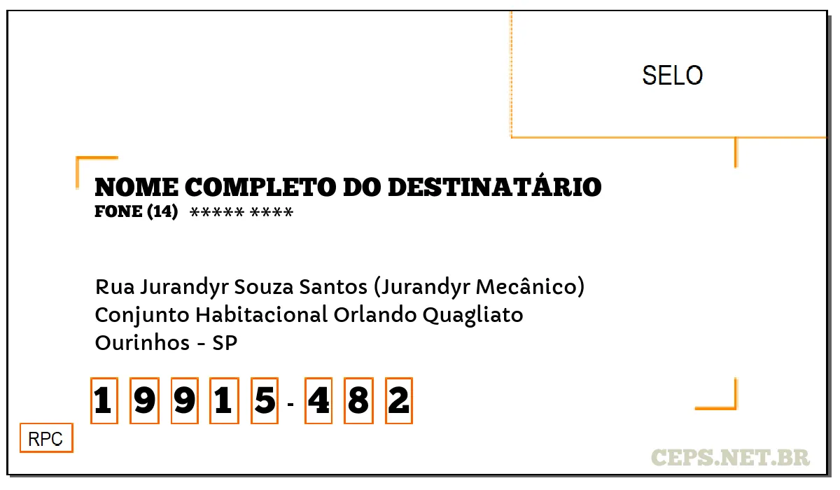 CEP OURINHOS - SP, DDD 14, CEP 19915482, RUA JURANDYR SOUZA SANTOS (JURANDYR MECÂNICO), BAIRRO CONJUNTO HABITACIONAL ORLANDO QUAGLIATO.