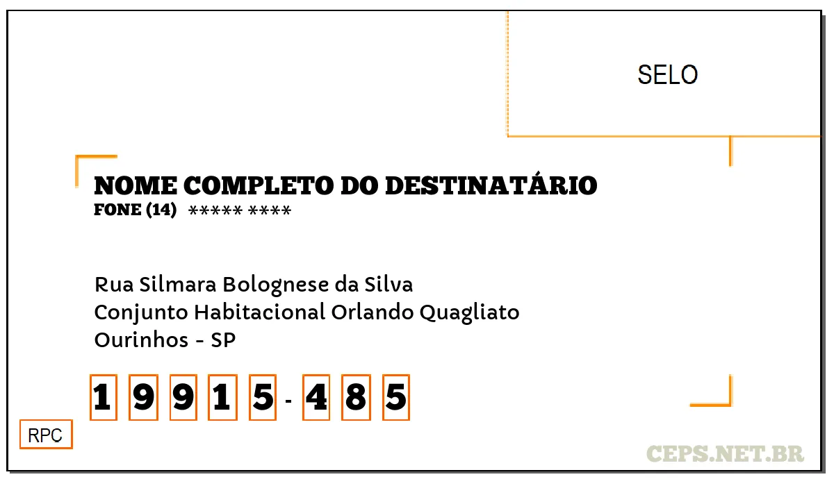 CEP OURINHOS - SP, DDD 14, CEP 19915485, RUA SILMARA BOLOGNESE DA SILVA, BAIRRO CONJUNTO HABITACIONAL ORLANDO QUAGLIATO.