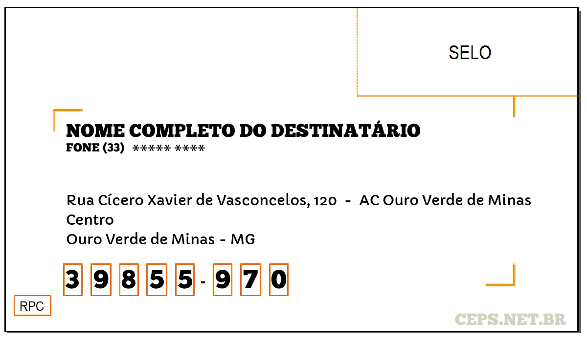 CEP OURO VERDE DE MINAS - MG, DDD 33, CEP 39855970, RUA CÍCERO XAVIER DE VASCONCELOS, 120 , BAIRRO CENTRO.