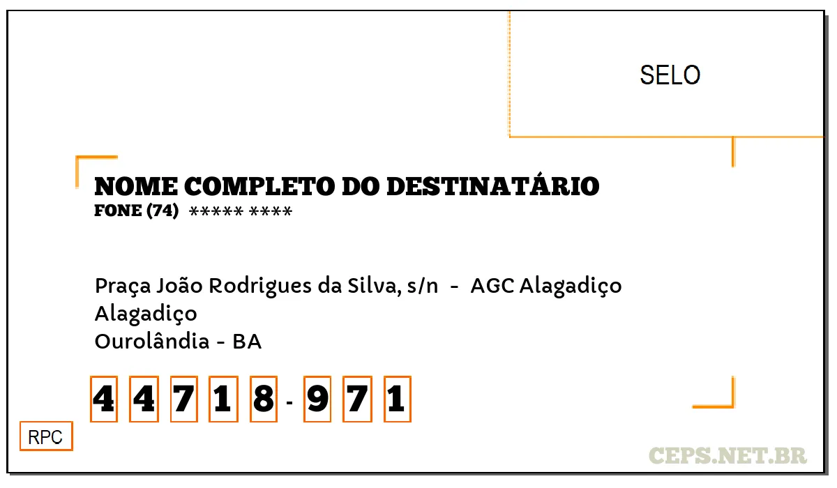 CEP OUROLÂNDIA - BA, DDD 74, CEP 44718971, PRAÇA JOÃO RODRIGUES DA SILVA, S/N , BAIRRO ALAGADIÇO.