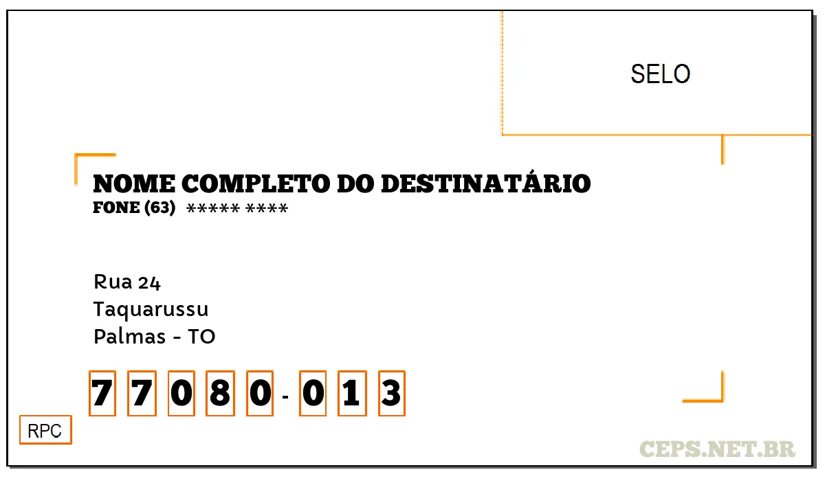 CEP PALMAS - TO, DDD 63, CEP 77080013, RUA 24, BAIRRO TAQUARUSSU.