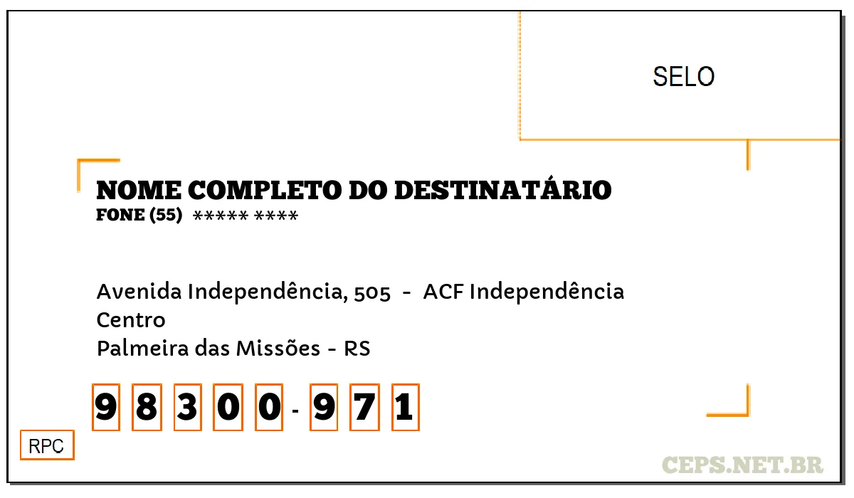 CEP PALMEIRA DAS MISSÕES - RS, DDD 55, CEP 98300971, AVENIDA INDEPENDÊNCIA, 505 , BAIRRO CENTRO.