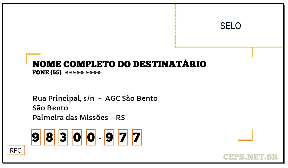 CEP PALMEIRA DAS MISSÕES - RS, DDD 55, CEP 98300977, RUA PRINCIPAL, S/N , BAIRRO SÃO BENTO.